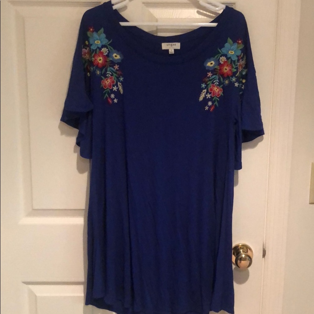 Umgee Tunic Dress-Blue with embroidered flowers